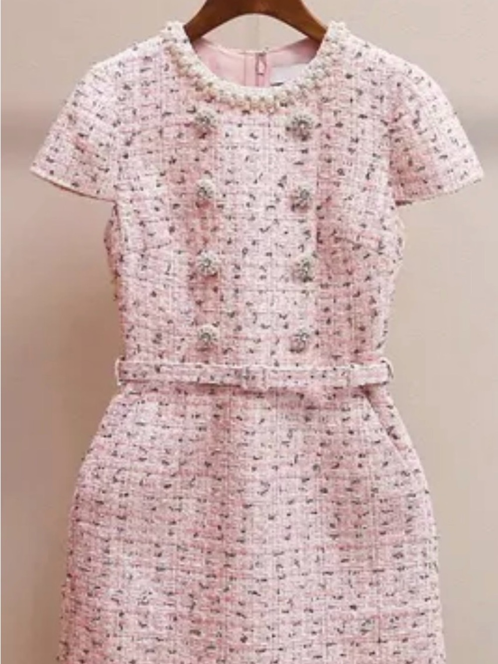 Girls Pink Tweed Belted Mini Dress with Pearl Buttons